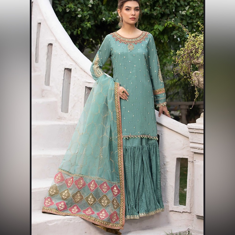 MARIA.B. 3  Piece Embroidered Raw Silk Suit/Pakistani/wedding/party ghararah